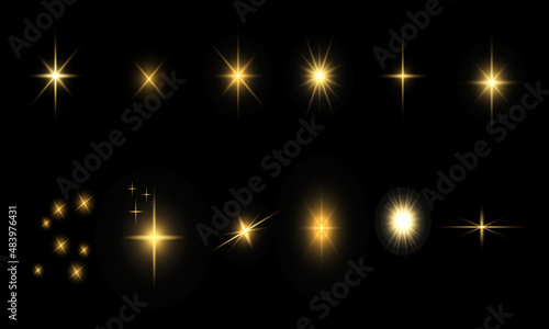 Glow isolated yellow light effect set. Abstract golden lights isolated on a transparent background. Gold flashes and glares. 