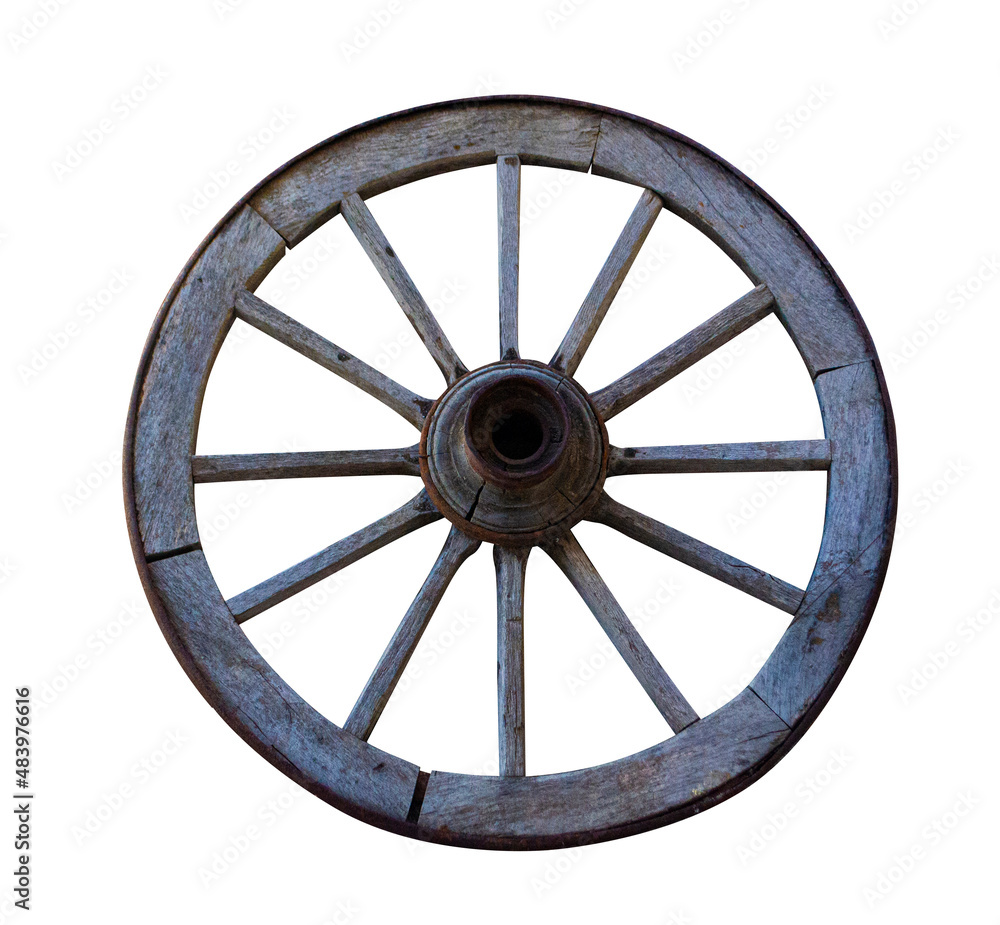 vintage wooden wheel isolated on white background.Isolated objects. old wooden waggon wheel on white background