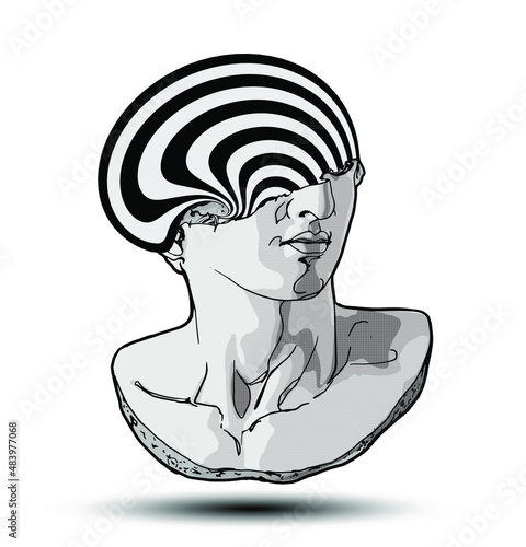 Vector hand drawn illustration of classical sculpture fragment of colossal head with abstract curved stripes flowing from the broken side. Isolated on white background.