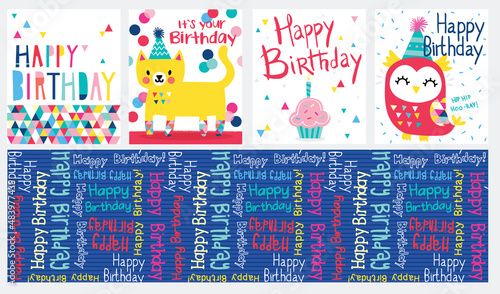 Adorable birthday icons, characters, graphics, and seamless vector pattern in trendy colors.