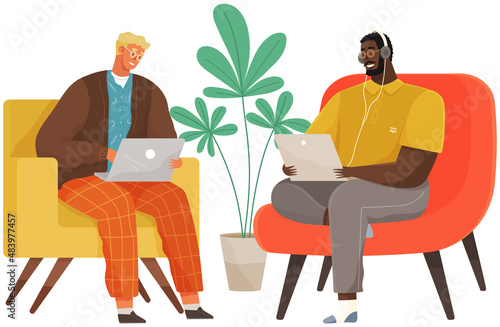 Working male characters employee in office sitting on armchair with computer typing on keyboard communicating. Men freelancers sitting at home with laptop. Business team with tablet pc doing work