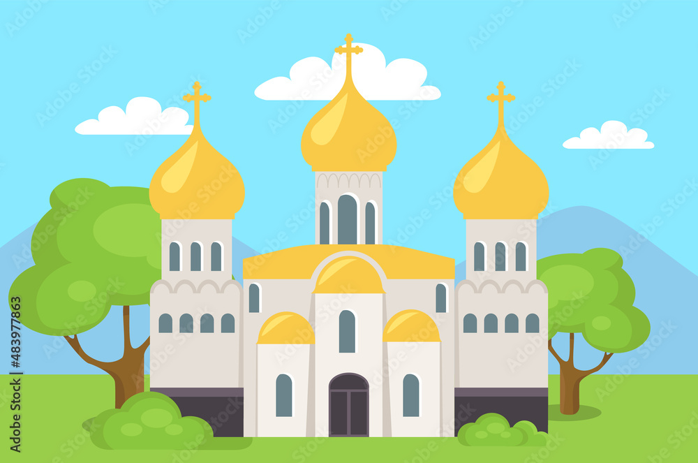 Old Orthodox Church isolated. Temple vector classic cathedral illustration. Religious building in style of ancient architecture, traditional prayer house, dome with cross on roof
