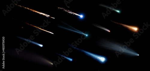 Collection of meteorites, asteroids, comets, meteors, comet tail isolated on a black background.  Elements of this image furnished by NASA. photo
