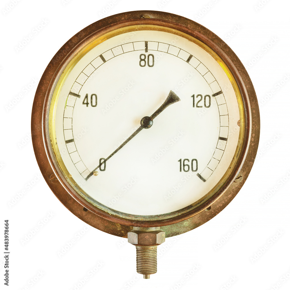 Ancient industrial pressure meter isolated on white Ancient industrial pressure meter isolated on white