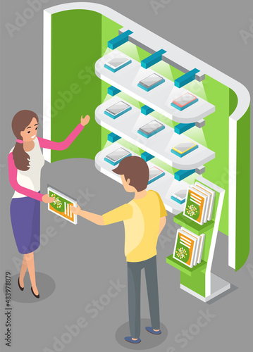 People near stand with presentation product. Leafleting, advertising, product marketing concept. Distributor advertises smartphones to customer. Promoter giving book with advertisement to man