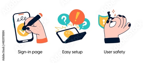 Application security solutions - set of business concept illustrations. Sign-in page, easy setup, user safety. Visual stories collection