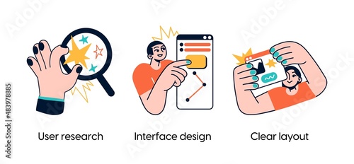 User interface development - abstract business concept illustrations. User research, interface design, clear layout. Visual stories collection