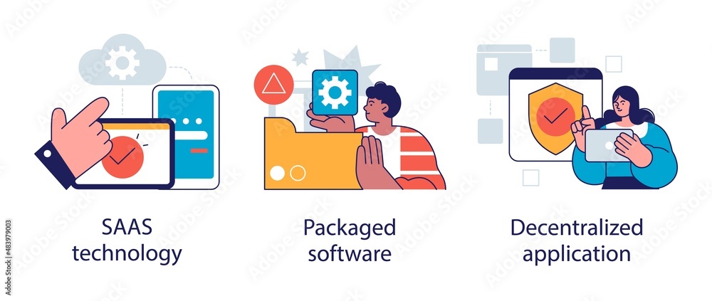Application service abstract concept vector illustration set. SaaS technology, packaged software, decentralized application abstract metaphor.