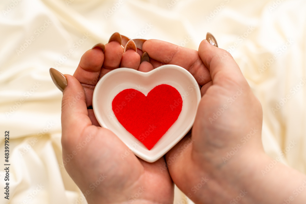 Fototapeta premium hands hold a red heart on white background