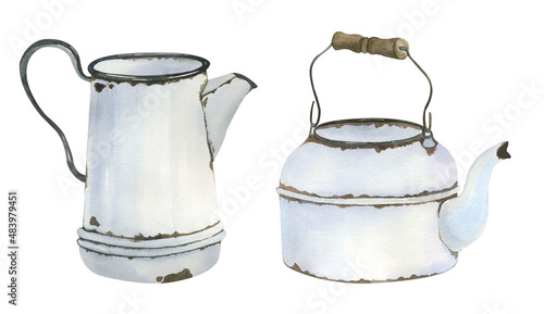 Billede på lærred Set of watercolor vintage enamel jugs and bucket isolated on white background