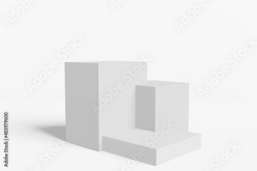 White pedestal display with box stand concept. Podium for brand promotion products  realistic 3d digital rendering