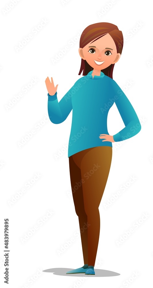 Handsome little girl in pants and sweater. Cheerful middle aged teen. Cheerful person. Standing pose. Cartoon comic flat design. Single character. Illustration isolated on white background. Vector Handsome little girl in pants and sweater. Cheerful middle aged teen. Cheerful person. Standing pose. Cartoon comic flat design. Single character. Illustration isolated on white background. Vector