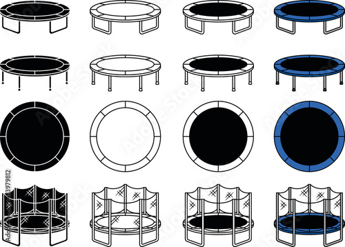 Trampoline Clipart Set - Outline, Silhouette and Color