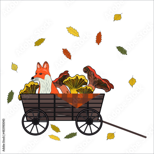 Vector autumn picture. Fox, cart, leaves, mushrooms.