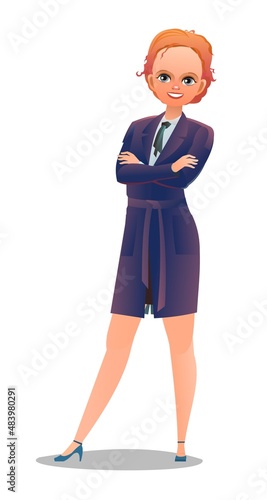 Little girl in an autumn cloak. Teen in warm clothes for rain. Cheerful person. Standing pose. Cartoon comic style flat design. Single character. Illustration isolated on white background. Vector