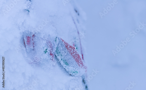 Frozen flag of Hungary in winter landscape on Madaras Harghita mountain from Romania photo