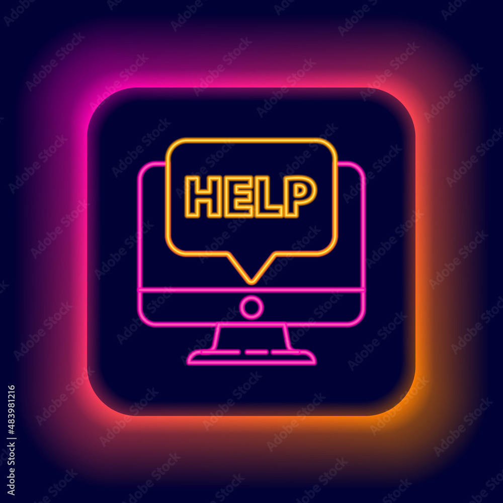 Glowing neon line Computer monitor and help icon isolated on black background. Adjusting, service, setting, maintenance, repair, fixing. Colorful outline concept. Vector Glowing neon line Computer monitor and help icon isolated on black background. Adjusting, service, setting, maintenance, repair, fixing. Colorful outline concept. Vector