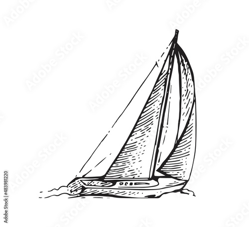 Sailing yacht floats on waves. Small ship for recreation and travel. Outline sketch. Hand drawing isolated on white background. Vector