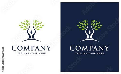 Abstract green tree and people logo. Organic or natural design element. Plant, garden, park vector icon. on a black and white background.