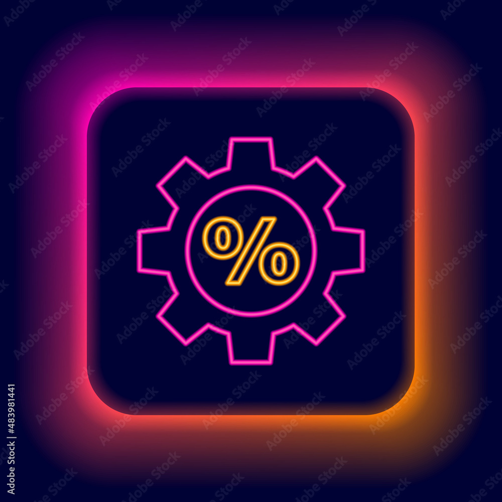 Glowing neon line Gear with percent icon isolated on black background. Colorful outline concept. Vector