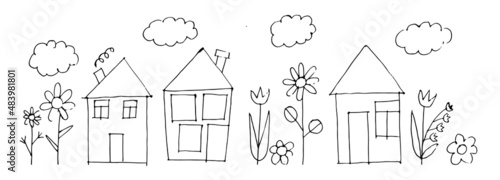 Funny houses in the style of a childs drawing. In the thickets of flowers. Naive landscape. Outline sketch. Hand drawing is isolated on a white background. Vector