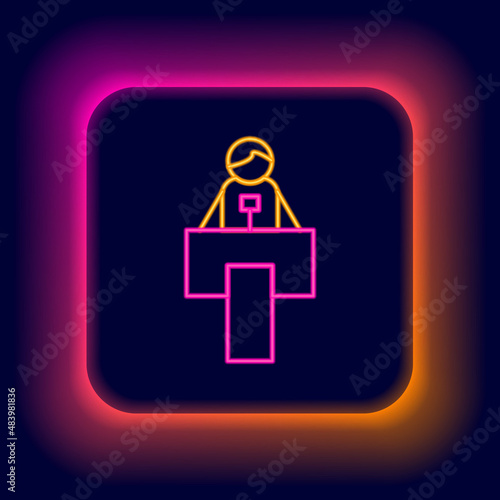 Glowing neon line Stage stand or debate podium rostrum icon isolated on black background. Conference speech tribune. Colorful outline concept. Vector