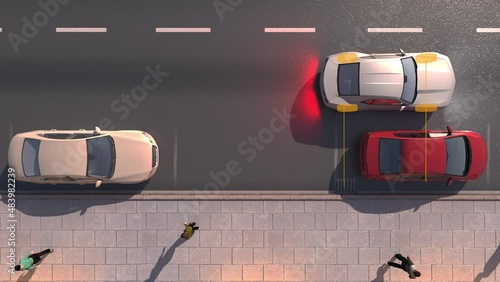 AERIAL, TOP DOWN: Flying above an autonomous car successfully parallel parking into a vacant spot at the side of a road. High-tech self-steering vehicle parks itself into empty roadside parking spot.