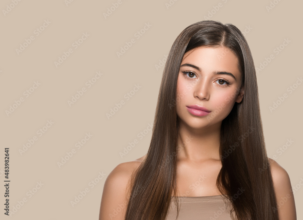 Smooth hair woman long hair beauty girl with pink lips. Color background. Brown. Smooth hair woman long hair beauty girl with pink lips. Color background. Brown.