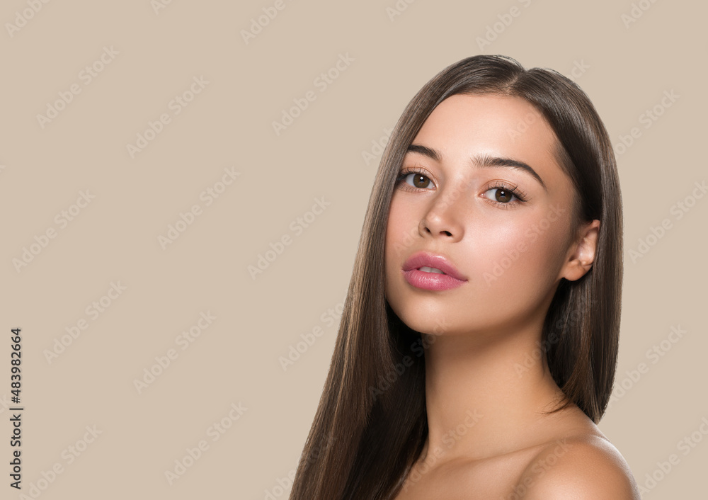 Smooth hair woman long hair beauty girl with pink lips. Color background. Brown. Smooth hair woman long hair beauty girl with pink lips. Color background. Brown.