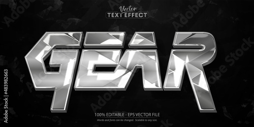 Gear text effect, editable shiny silver color, metal text style on dark grunge textured background