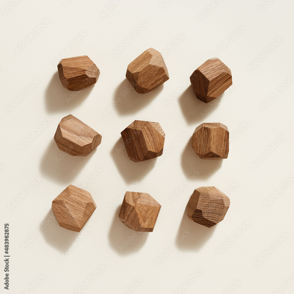 Fototapeta premium Tumi ishi japanese desktop game meditation, pattern from eco-friendly wooden polygonal stones for building tower