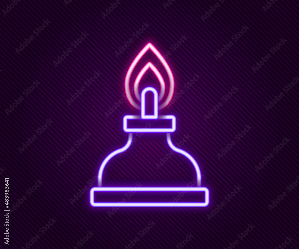 Glowing neon line Alcohol or spirit burner icon isolated on black background. Chemical equipment. Colorful outline concept. Vector Glowing neon line Alcohol or spirit burner icon isolated on black background. Chemical equipment. Colorful outline concept. Vector