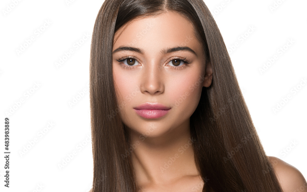 Smooth hair woman long hair beauty girl with pink lips. Isolated on white. Smooth hair woman long hair beauty girl with pink lips. Isolated on white.