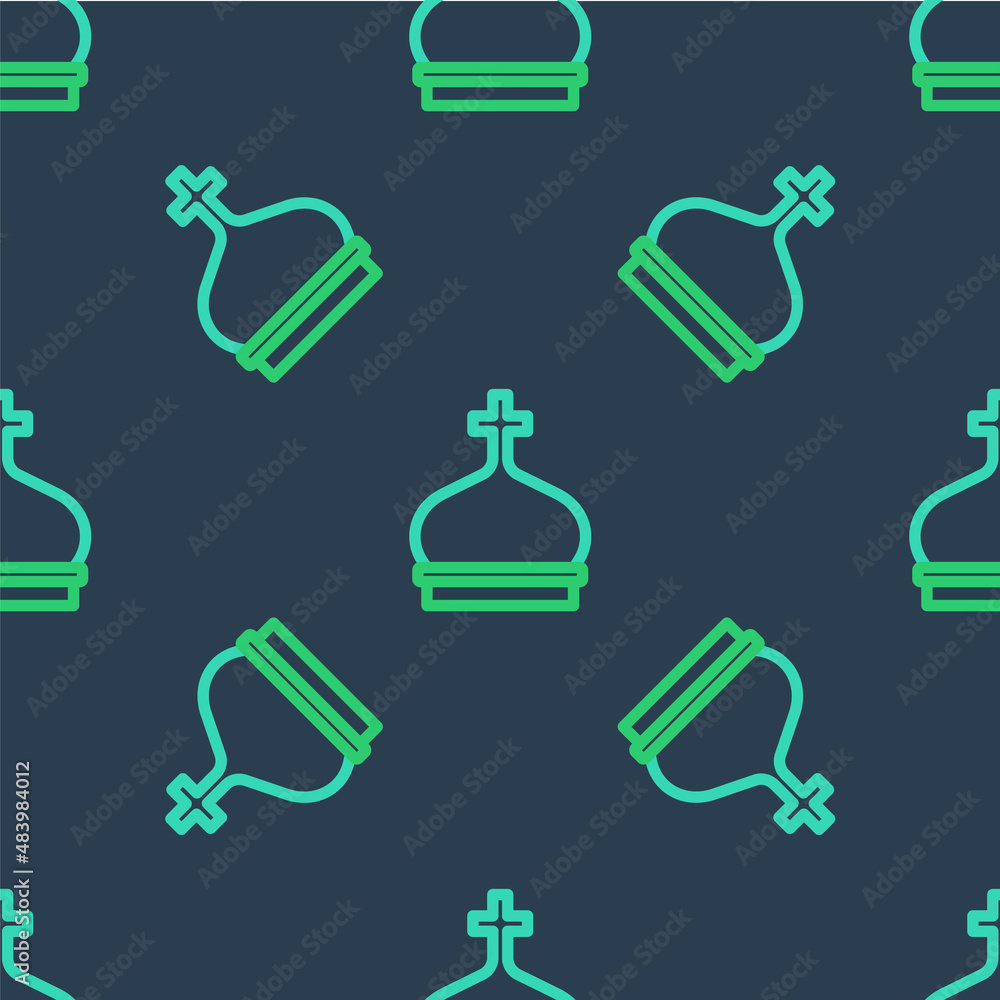 Line Christian church tower icon isolated seamless pattern on blue background. Religion of church. Vector