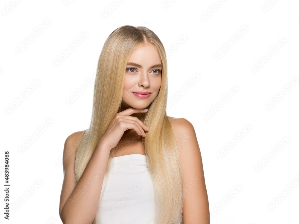 Long smooth hair woman portrait blonde hairstyle. Touching cheek, chin. Isolated on white. Long smooth hair woman portrait blonde hairstyle. Touching cheek, chin. Isolated on white.
