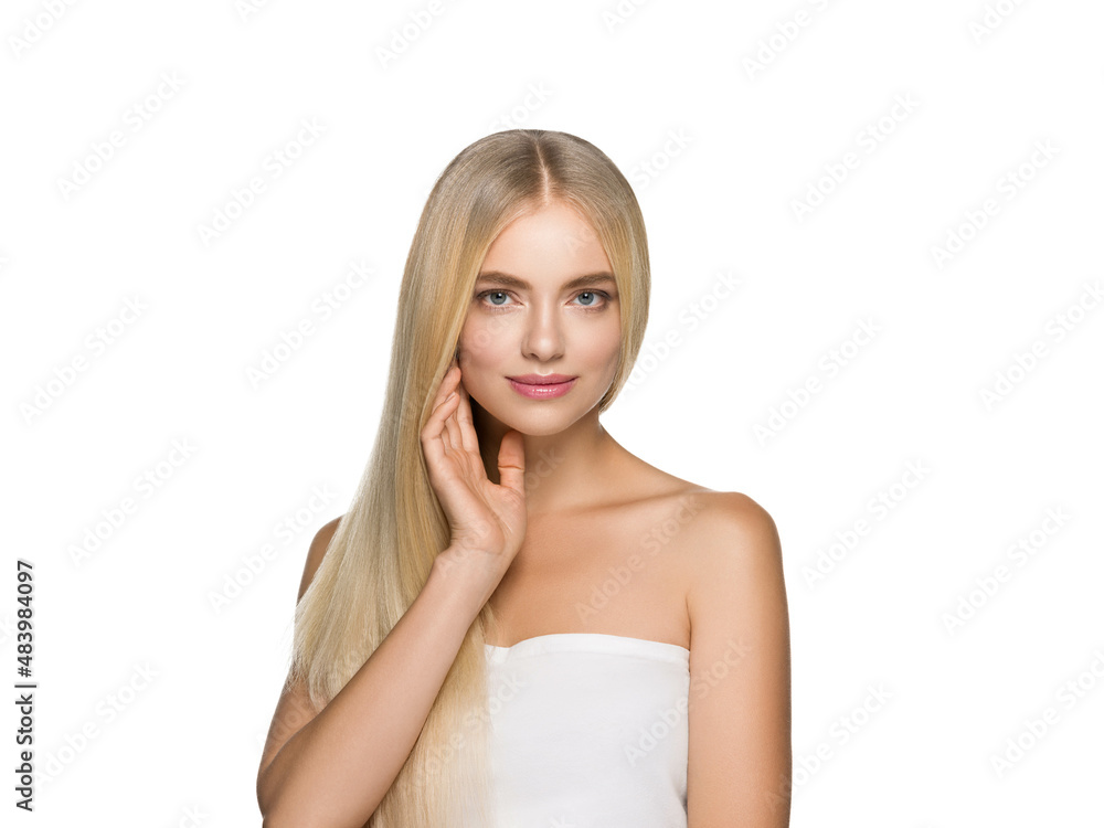 Long smooth hair beauty woman portrait blonde hairstyle. Touching her face. Isolated on white. Long smooth hair beauty woman portrait blonde hairstyle. Touching her face. Isolated on white.