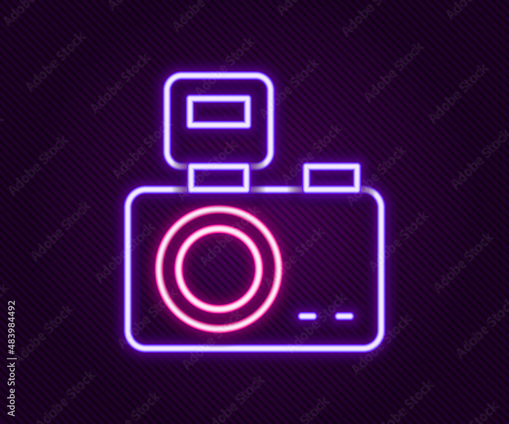 Glowing neon line Photo camera with lighting flash icon isolated on black background. Foto camera. Digital photography. Colorful outline concept. Vector Glowing neon line Photo camera with lighting flash icon isolated on black background. Foto camera. Digital photography. Colorful outline concept. Vector
