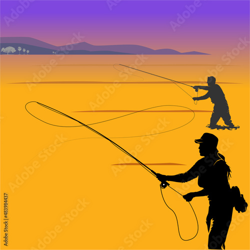 Fly fisherman fishing.graphic fly fishing.silhouette of a fisherman on the lake - Vector