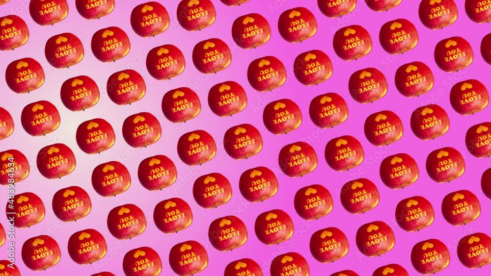A nice colorful 3 in 1 animation: a different sides and size animations for 10 sec pattern made of Apples with an inscription I love you and a heart, on pink color gradient animated backgroundnd A nice colorful 3 in 1 animation: a different sides and size animations for 10 sec pattern made of Apples with an inscription I love you and a heart, on pink color gradient animated backgroundnd