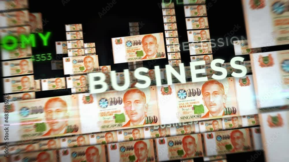 Singapore Dollar money loop 3d animation. Camera flying between SGD banknotes. Finance, economy, crisis, business success, recession, debt and tax seamless looped concept.