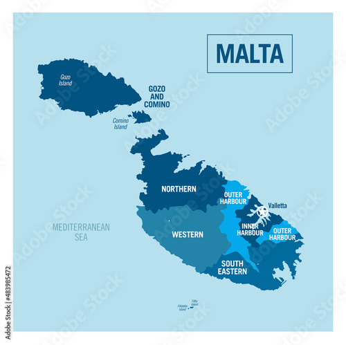 Malta island country political map. Detailed vector illustration with isolated states, regions, islands and cities easy to ungroup. 
