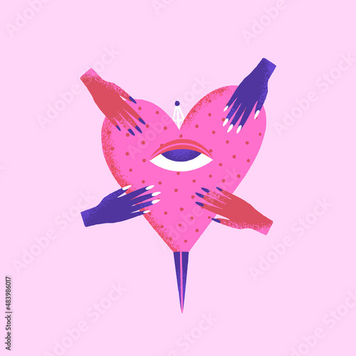 Dangerous heart. Creative Valentines Day card. Contemporary art. Mystical vector illustration in pink and purple colors. Unique style. T-shirt, cover, poster
