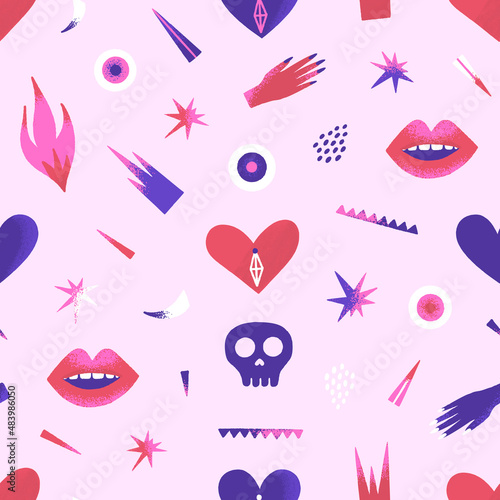 Dangerous hearts. Seamless pattern. Creative Valentines Day design. Contemporary art. Mystical vector illustration in pink and purple colors. Unique style. Wallpaper, wrapping paper, textile