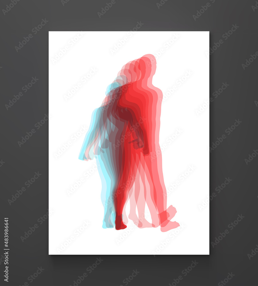 Transparent overlapping colors silhouettes. Walking man. Animation