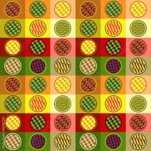 Seamless repeating pattern. Canned food pop art style. 