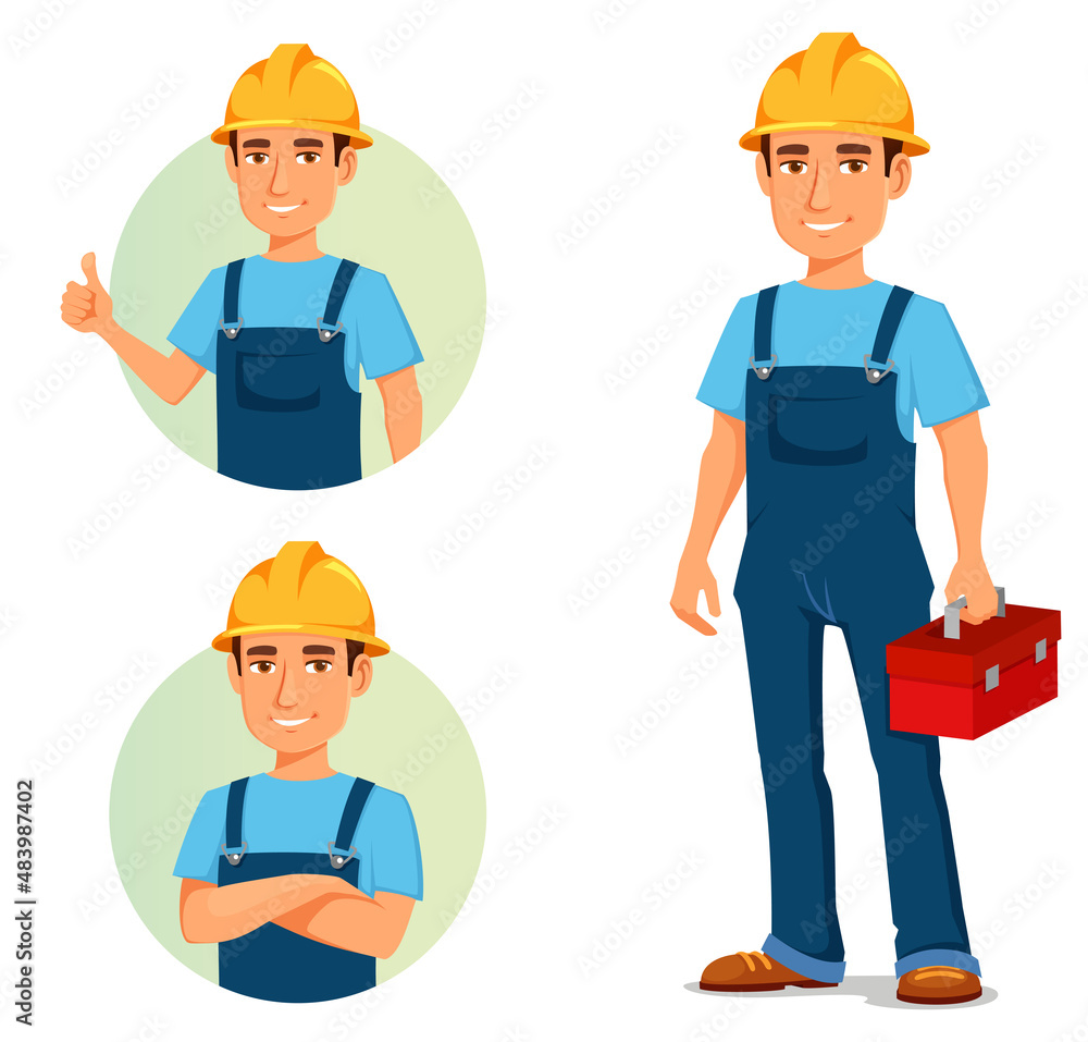 Funny cartoon repairman or construction worker with safety hat Funny cartoon repairman or construction worker with safety hat