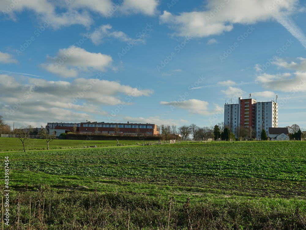 Landscape shot with two large buildings in the background Landscape shot with two large buildings in the background