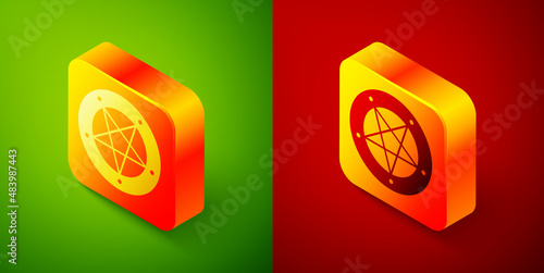 Isometric Pentagram in a circle icon isolated on green and red background. Magic occult star symbol. Square button. Vector