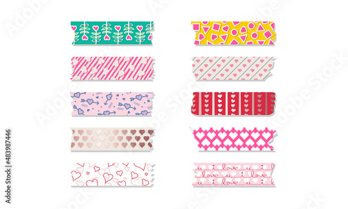 Valentine Themed Washi Tape. Vector Illustration of Decorative Pattern Tapes Isolated on White Background Graphic Design Template. For Gift and Other Creative Needs