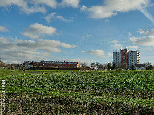Landscape shot with two large buildings in the background